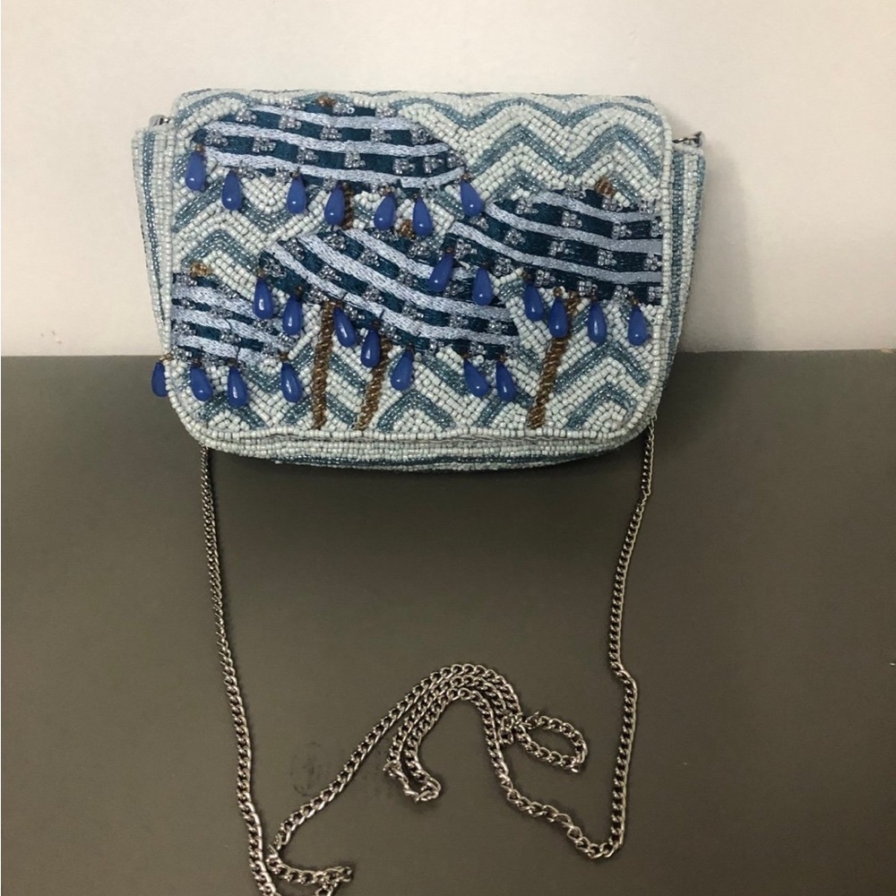 Blue Beaded Chain Strap Bag